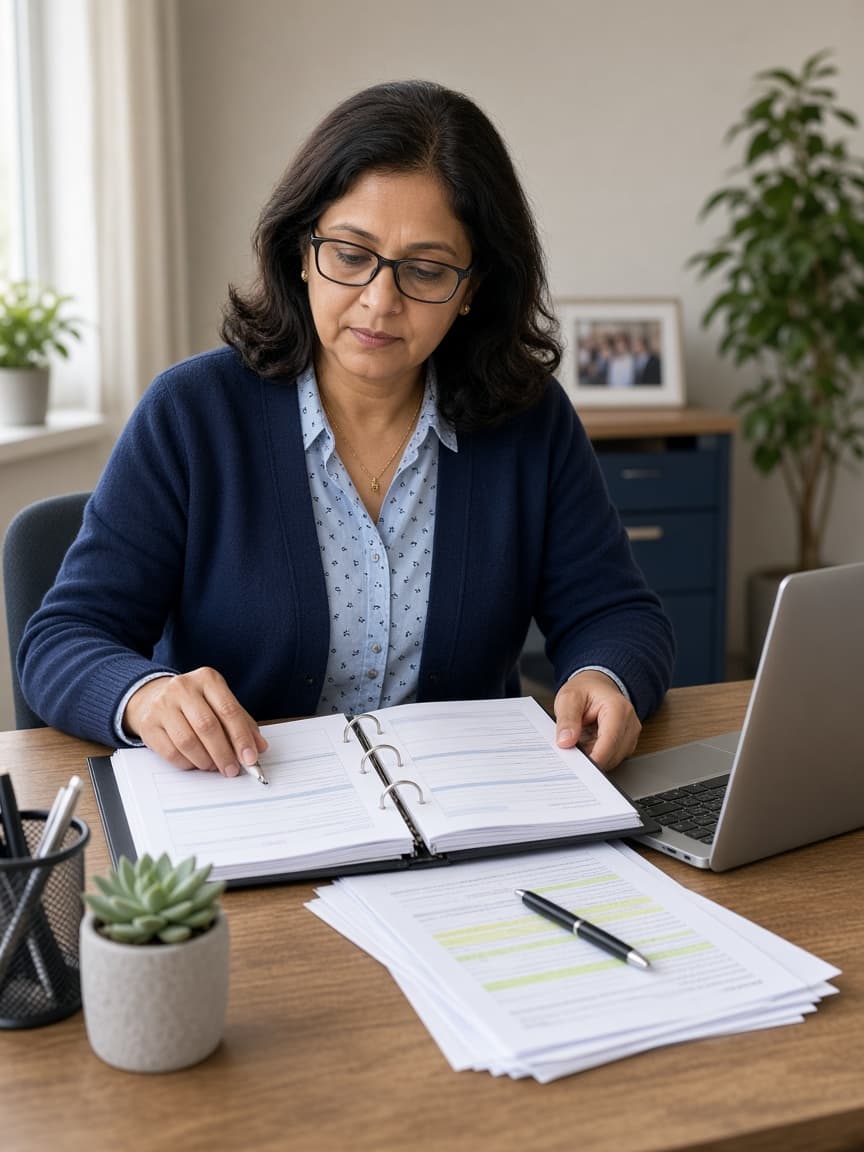 Manager reviewing compliance checklists and policy files at a desk