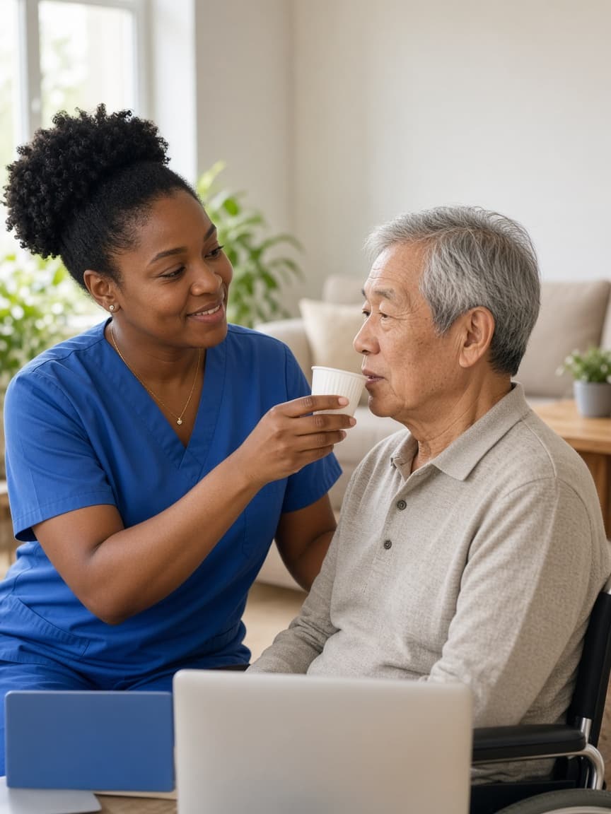 Care worker helping a man in a wheelchair take medication from a cup