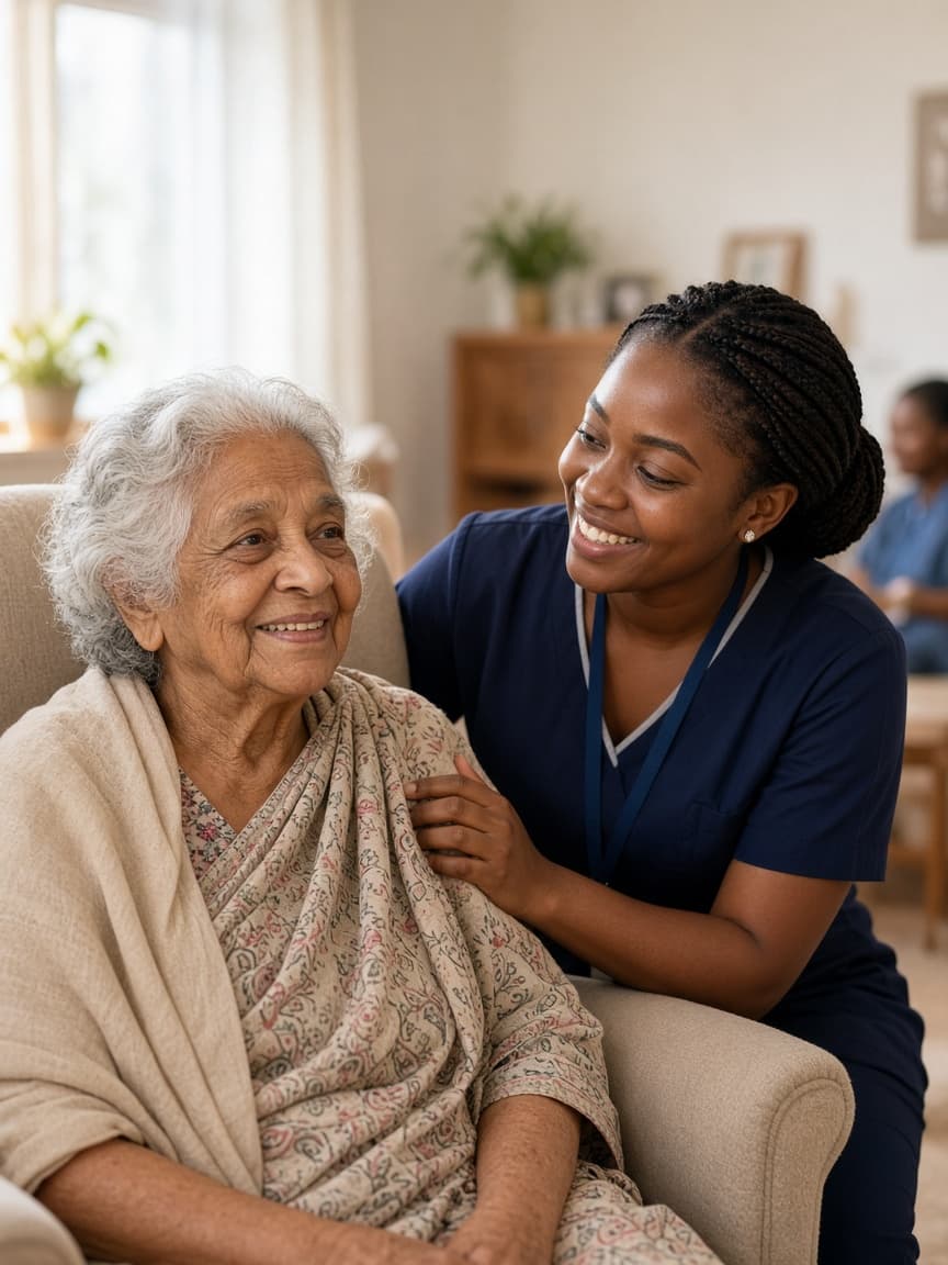 Care worker with her hand on the shoulder of a seated service user in a care home lounge
