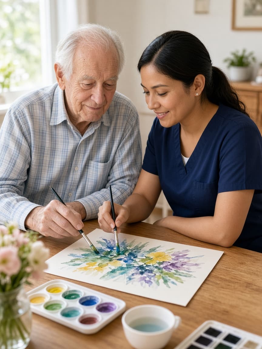 Service user and care worker painting together during a wellbeing activity